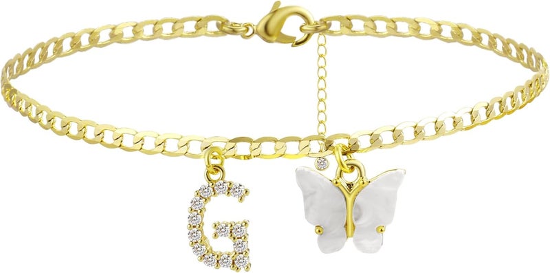 VIROMY 14K Gold Plated Dainty Butterfly Initial Ankle Bracelets Handmade Cuban Chain White Butterfly A-Z Alphabet Letter Initial Anklets Personalized Summer Beach Jewelry Gifts for Women - Image 1